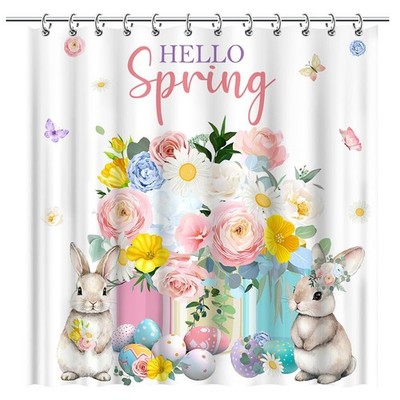 Hello Spring Easter Shower Curtain Blooming Flower Rabbit Egg Kids 72x72 Inch