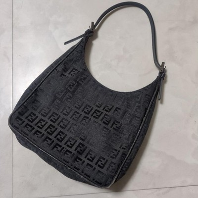FENDI Zucchino FF Logo Shoulder Bag Canvas Leather Black Vintage Logo From Japan