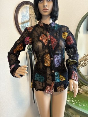 Vintage 90s Y2K Avant Garde Burnout Spiderweb Patchwork Wool Silk Blouse Top XS