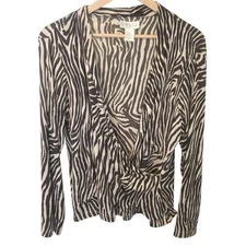 elana by TANNER Silk Brown Tan Zebra Print Wrap LS Blouse Large 18