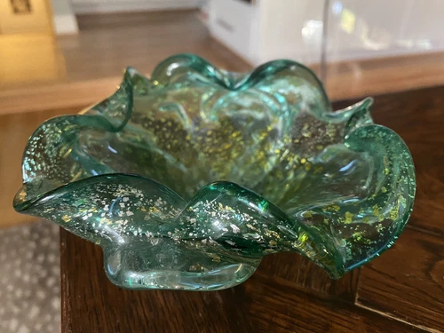 Venetian MURANO Art Glass Ruffled Bowl, Gold & Silver Leaf & Controlled Bubble