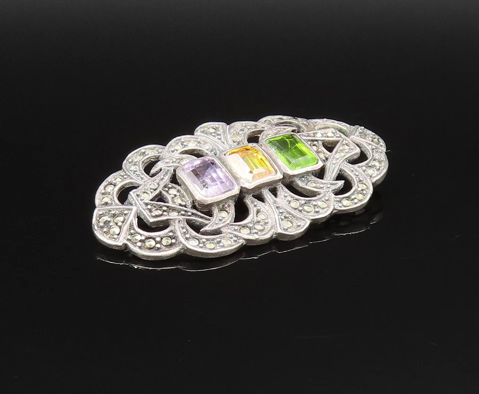 925 Silver  Vintage Amethyst Citrine Peridot & Marcasite Brooch Pin  BP9584 - Image 3 of 4