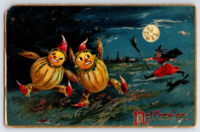 [18g16] Postcard 1909 Raphael Tuck, Gourd Witch Black Cat Broom. Halloween