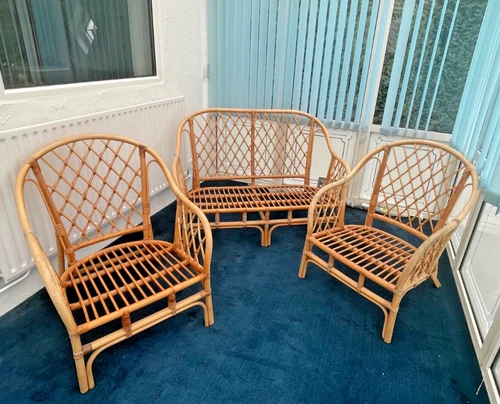 Vintage Retro Bamboo Cane Conservatory Three Piece Suite