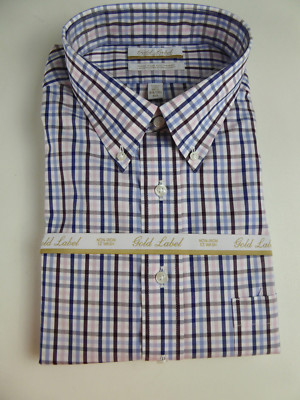 Roundtree & Yorke Gold Label Non Iron EZ Wash Plaid Cotton Dress Shirt NWT $75