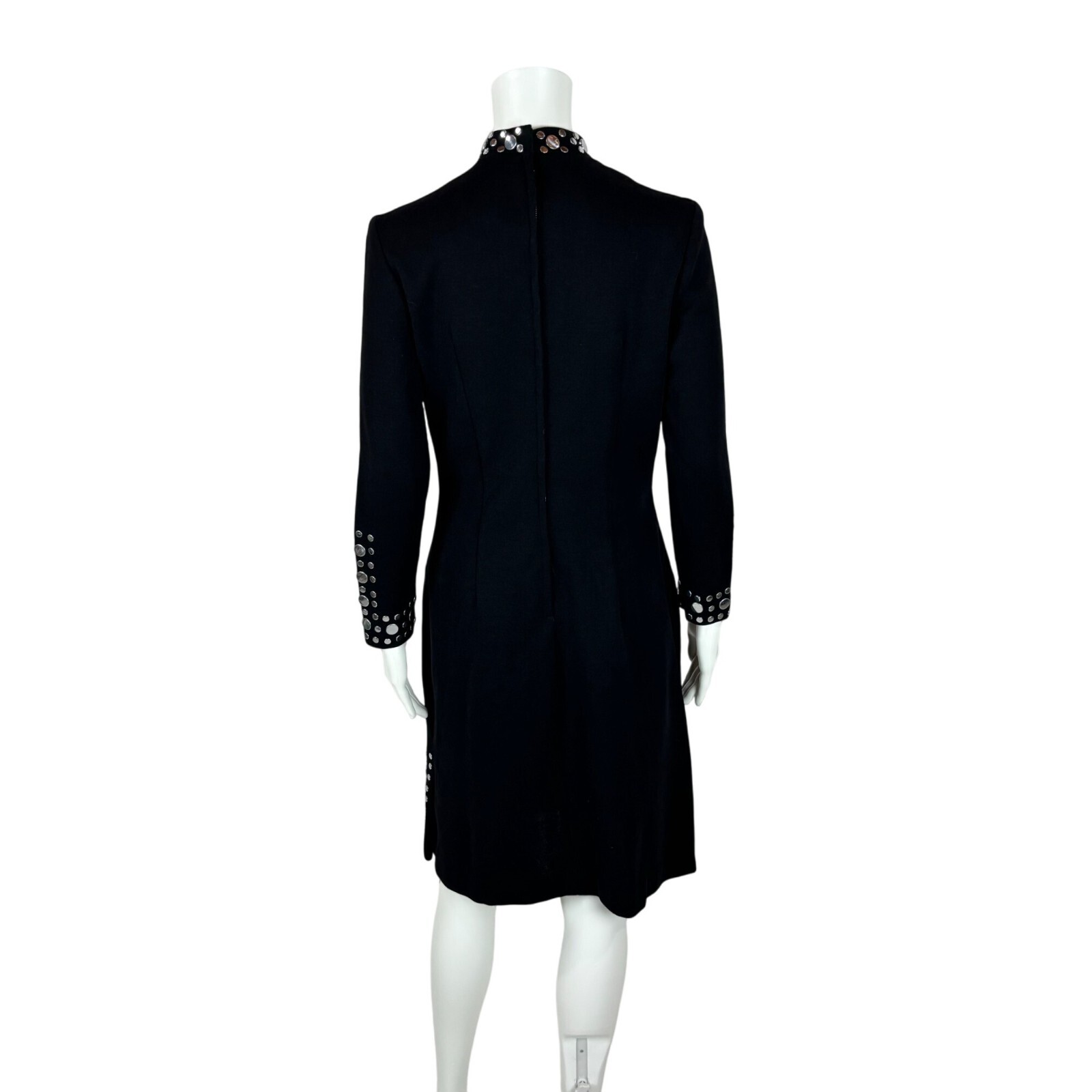 Vintage 60s Studded Dress Women's Extra Small Black Wool Silver Bow Neck Mod image 9