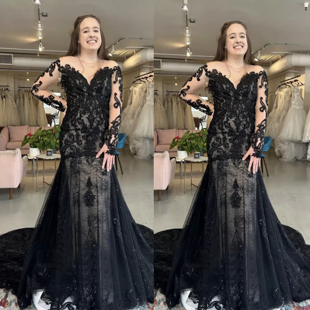 Gothic Black Mermaid Wedding Dresses Long Sleeves V Neck Train