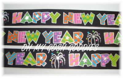7/8 OH MY GOSH HAPPY NEW YEAR BLING SILVER FOIL GROSGRAIN RIBBON FOR BOW BLACK