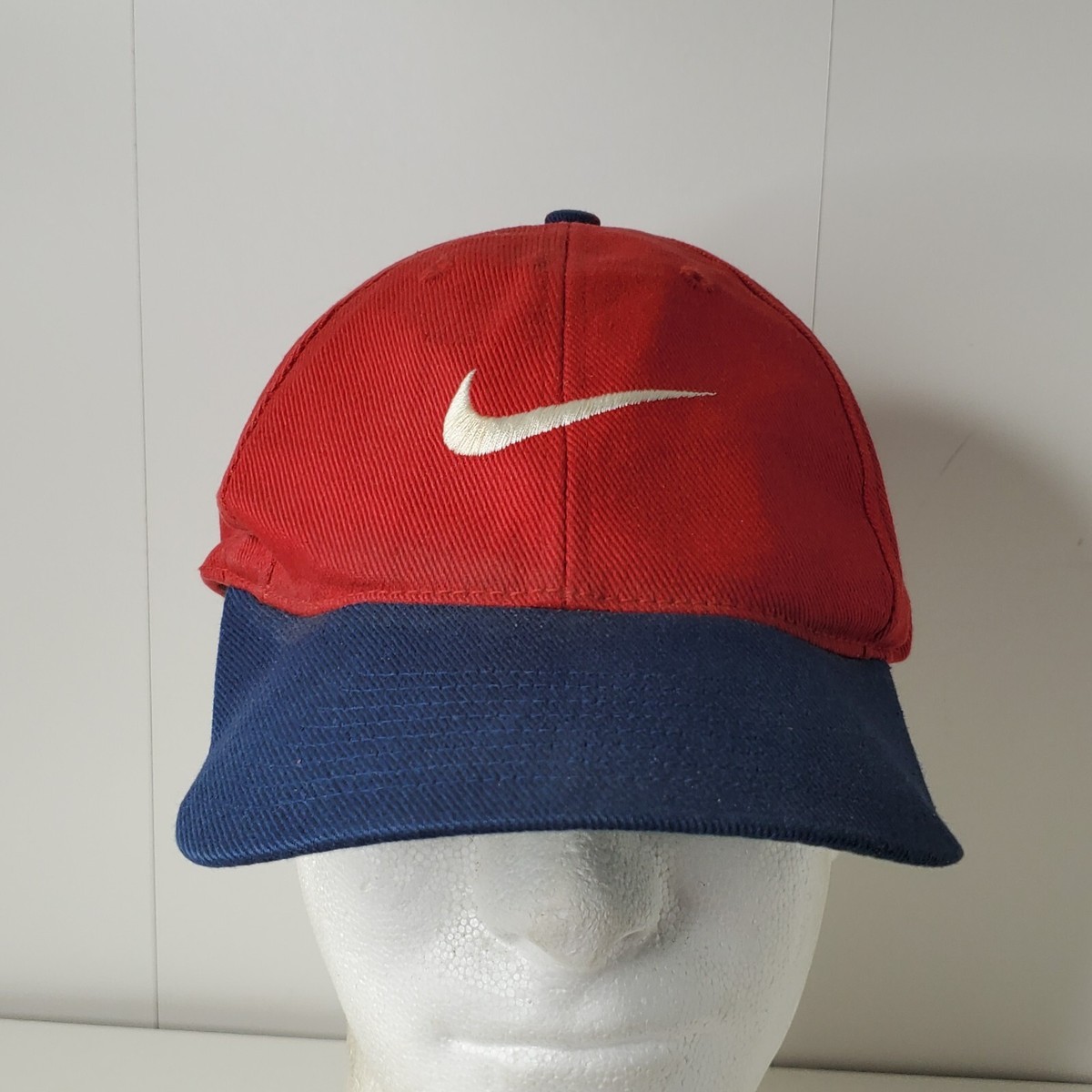 VTG Nike Snapback Hat Red Blue Embroidered White Swoosh Logo