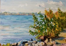 Original Painting landscape RIVER Signed Wall Art artwork UKRAINE 10 x 14 in