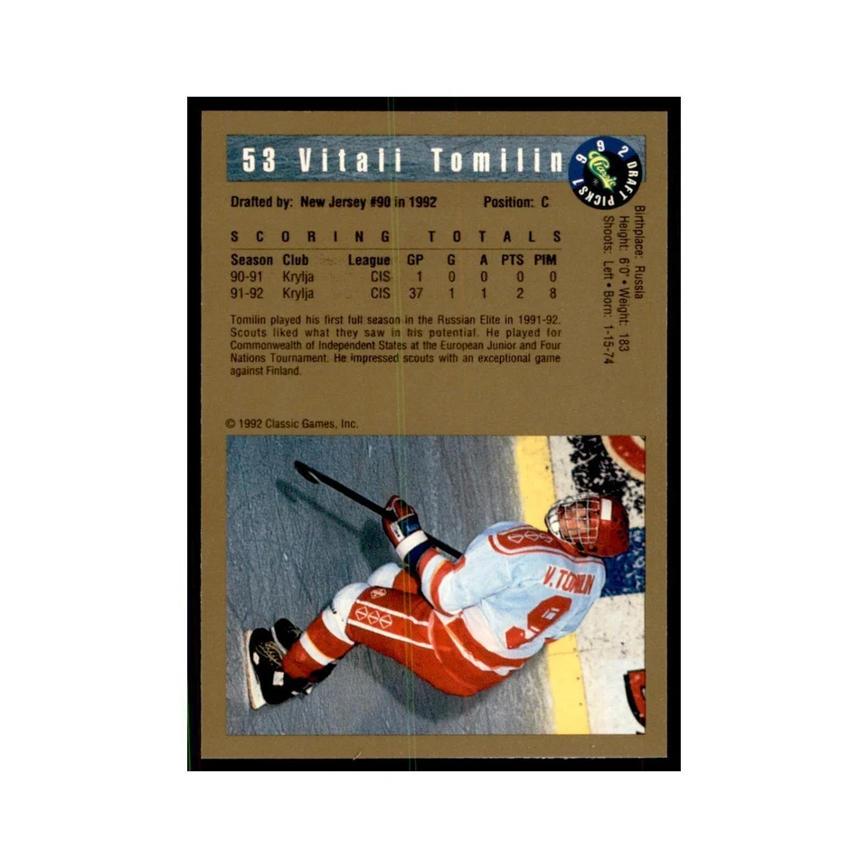 1992 Classic Draft Picks Vitali Tomilin Hockey Cards #53 - Image 2 of 3