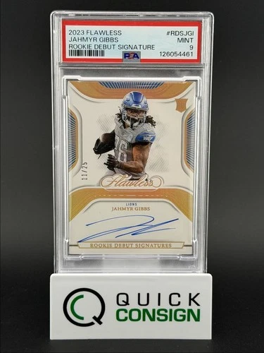 JAHMYR GIBBS 2023 FLAWLESS ROOKIE DEBUT SIGNATURE RC AUTO /25 PSA 9 Q6995