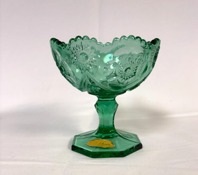 John E. Kemple Co.  Flower Star Design Green Glass Pedestal Candy Dish Vintage