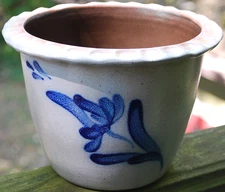 Vtg ROWE POTTERY 'BLOSSOM' Planter/Pot BLUE SALT GLAZE 1990 Piecrust Rim 6.75"