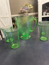 Vintage Green Florentine Glass Pitcher and Glasses 6 Piece Set