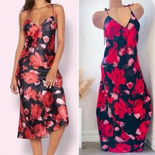 Victoria  s Secret Luxe Satin Slip Maxi Dress Nightgown Sleepwear Floral Red L