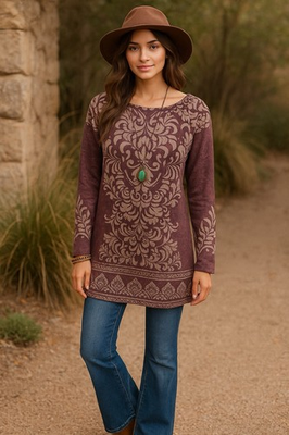 #ad Farmers Market Boho Chic Top Purple Damask Print Long Sleeve Button Detail S $10.39