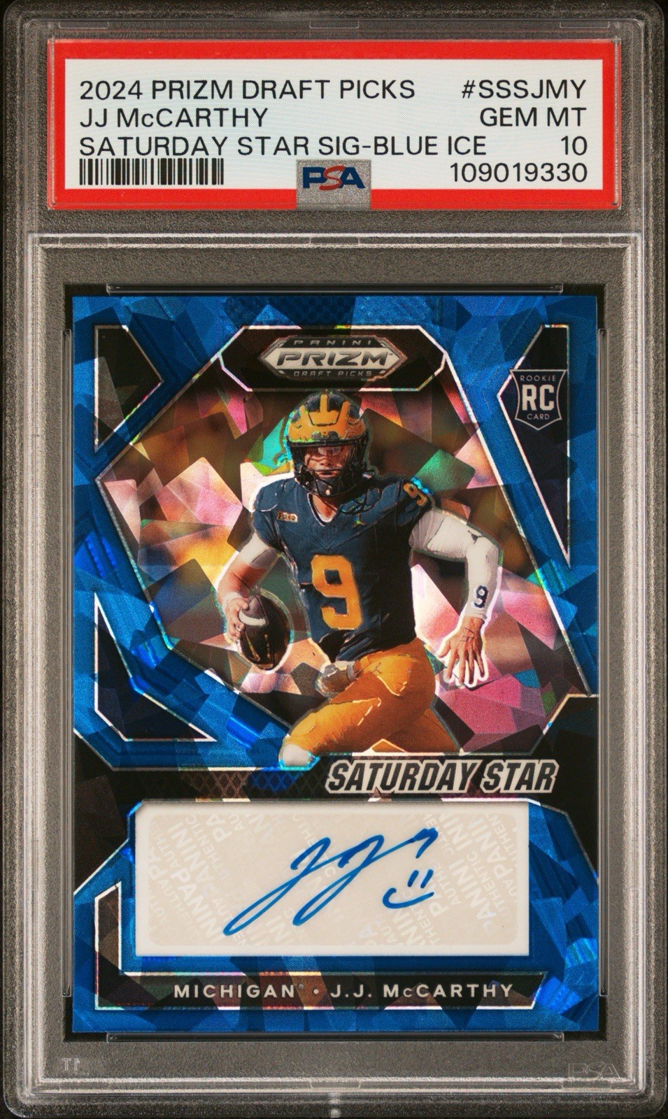 2024 Panini Prizm Draft Picks J.J. McCarthy Blue Ice Rookie Auto /75 RC PSA 10