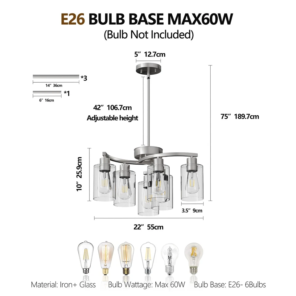 Lámpara de techo moderna de níquel de granja con colgante de 6 luces de 22"" accesorio de cocina Foto 2 de 4