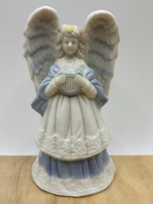 Angel with Harp Porcelain Figurine Blue White Lace Dress Hem Decorative 5  Tall