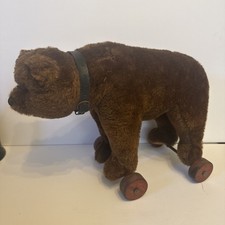 Antique Original Steiff Mohair Bear on Iron Wheels Pull Toy 17" long c. 1910