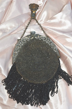 Antique Purse Black Bead Crochet Silver Frame Lined Chatelaine Hook Victorian