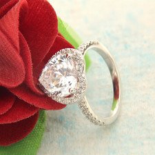8CT Cubic Zirconia Halo Heart Shaped Engagement Ring in Real 925 Silver- Size 7