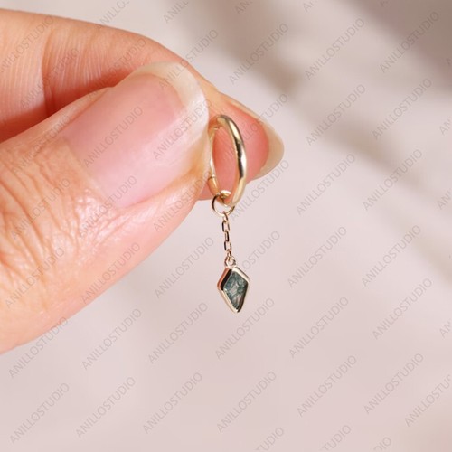 Dije aro colgante cadena cometa bisel delicado ágata musgo natural oro amarillo macizo 14K - Imagen 3 de 10