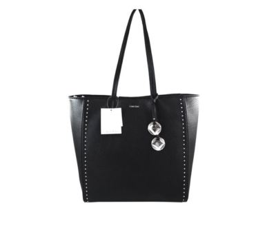 NEW! Calvin Klein Black Leather Tote Purse Handbag Silver Accent