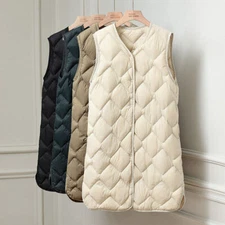 Winter Light Thin Down Vest Jacket Womens Long V-neck Light Down Waistcoat
