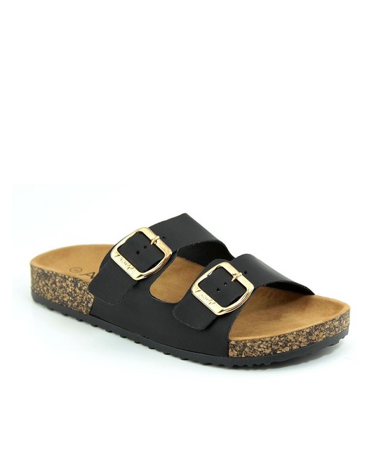 New Womens Double Strap Cork Sole Sandals Double Buckle Open Toe Flip