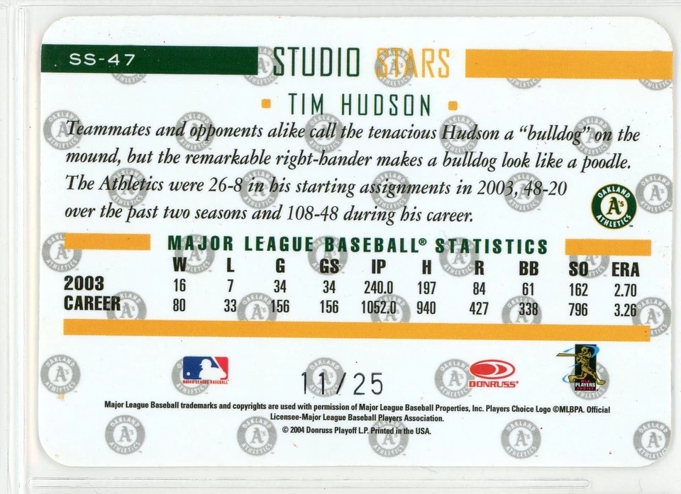 2004 Donruss Studio Stars TIM HUDSON #SS-47 Card Ser#11/25 Plastic Chase Card - Image 2 of 2