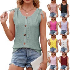 Women Tops Trendy Summer Sleeveless Eyelet Crew Neck T Shirts Drawstring Blouse