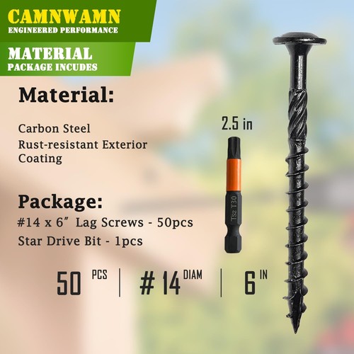 Pack of 50 #14 x 6" Wood Structural Lag Screws Black Coated Torx/Star Drive H... - Picture 2 of 2