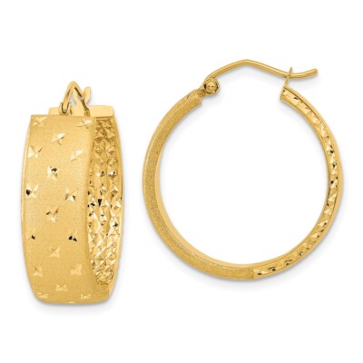 Real 14kt Yellow Gold Polished Satin and Diamond-cut Hoop Earrings