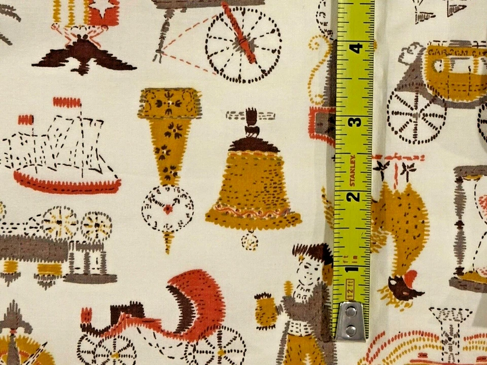 VTG Rooster Colonial Cotton Fabric Carriage Bell Yellow Brown Orange 68"L x 36" - Image 2 of 4