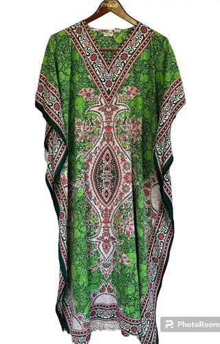 Maxi Vestido Vintage Caftán Boho Talla Única Verde Floral Cuello en V