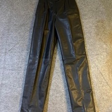 Vintage Genuine Leather High Waisted Pleated Straight Leg Pants Black 26 Waist