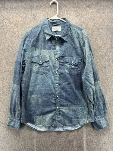 Denim & Supply Ralph Lauren Shirt Mens Large Denim Pearl Snap Western Patchwork