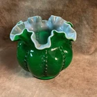 1940s Fenton art glass dark Ivy green cased beaded melon rose bowl vase ruffled