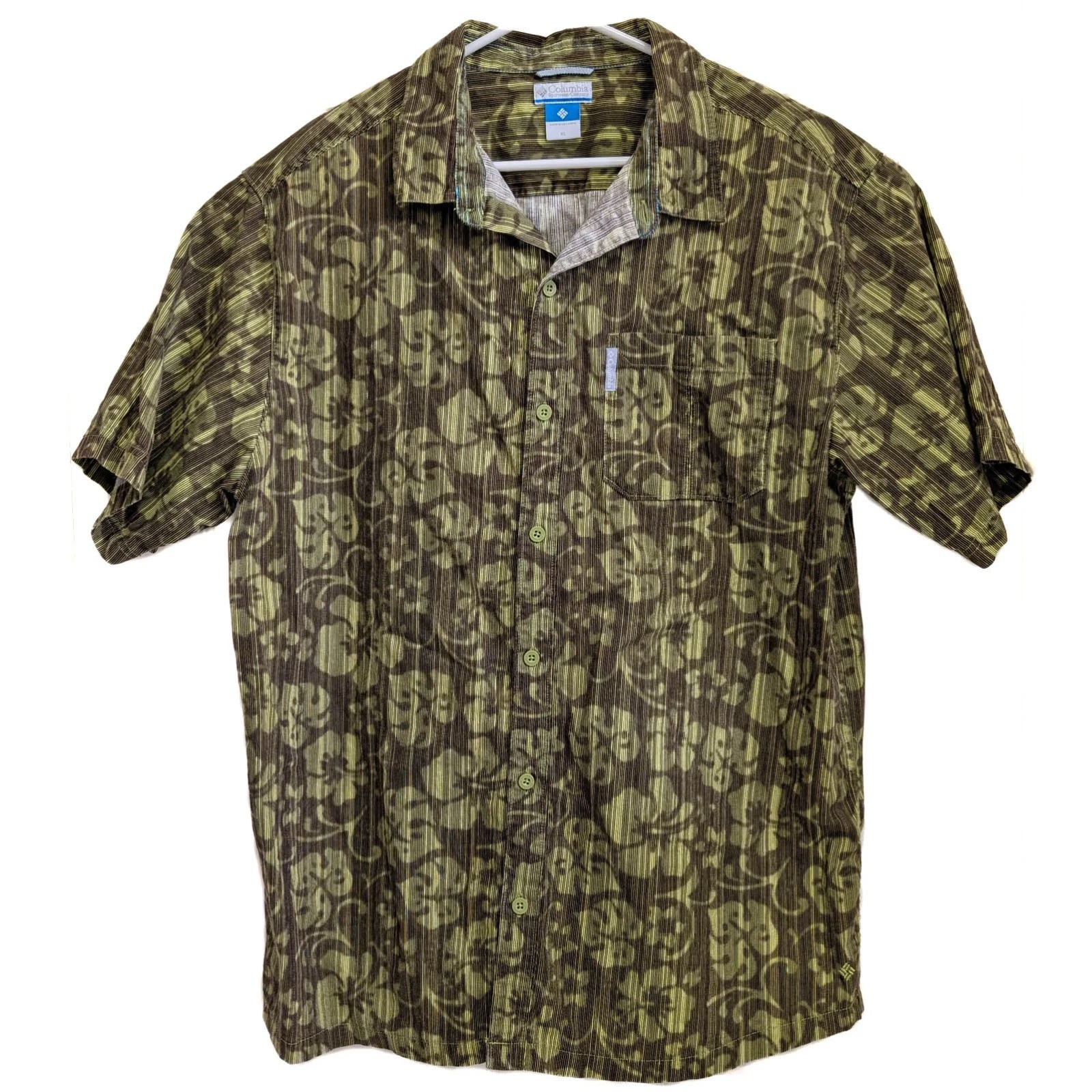 Columbia Men's Hawaiian Aloha Shirt Size XL Floral Green Brown Tropical EUC