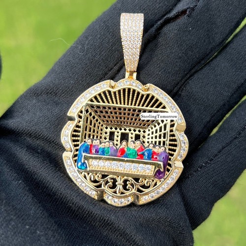 Last Supper Iced Pendant 14K Gold Plated Enamel Religious + Steel Rope Chain - Picture 7 of 10
