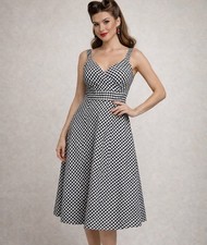 Black White Gingham Midi Dress M Retro Pinup Rockabilly Fit & Flare Sundress Vtg