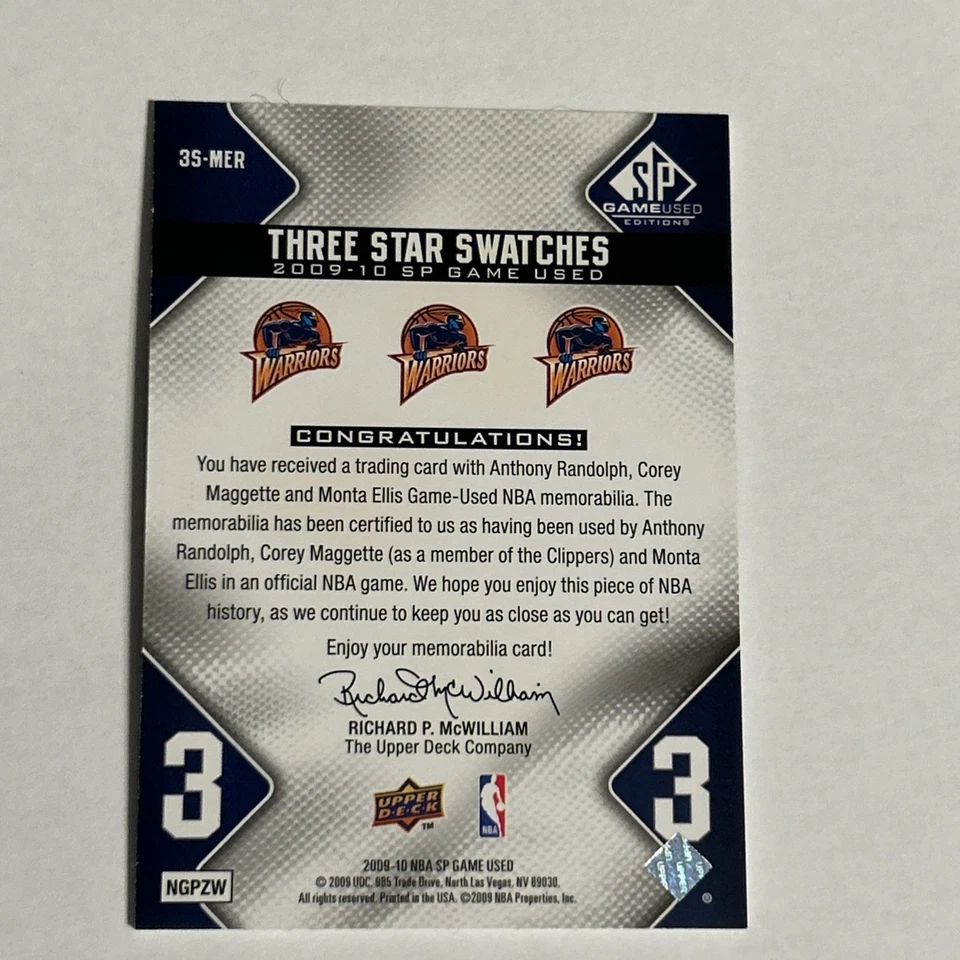 2009 SP Juego Usado 3 Estrellas Muestras Anthony Randolph Corey Maggette Monta Ellis Foto 2 de 3