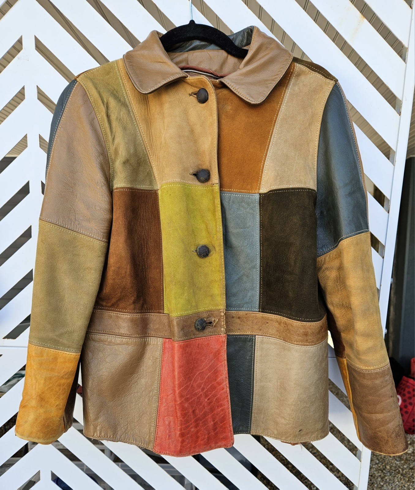 VTG 70S Multicolor Patchwork Leather Button Jacke… - image 10