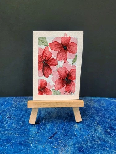 aceo original painting 2.5 x 3.5 watercolor tiny red flowers