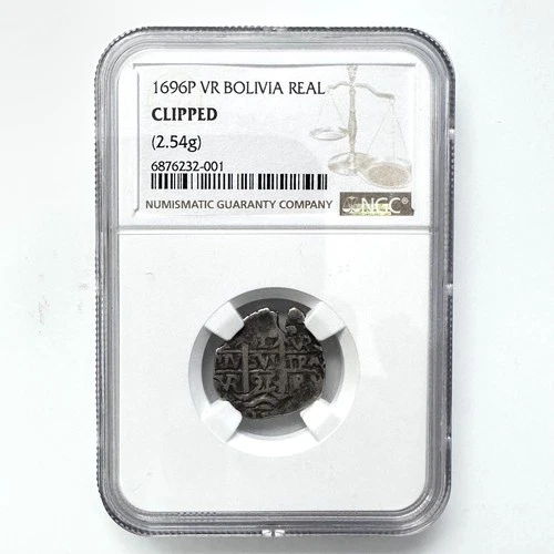 Bolivia 1696 P VR Antique Silver 1 Real Cob (2.54gms) Spanish Colony NGC CLIPPED