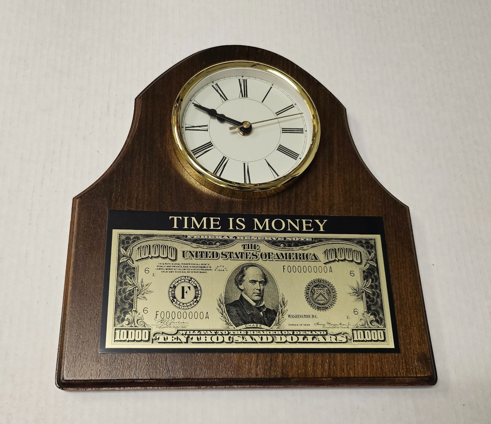 Vintage Time Is Money Wood Wall Clock $10,000 Dollar Bill Salmon P. Chase NEW