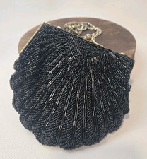 Vintage La Regale Black/Anthracite Beaded Clutch Shouder Purse Clam Shell READ