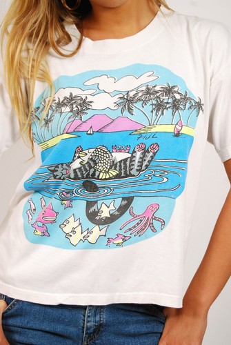 80s Cat T-shirt (L) vintage white crazy fiji large men women hawaii b kliban - Picture 7 of 8